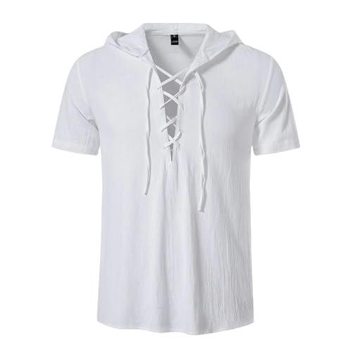 HEXHUASR T-Shirts Für Herren Sommer -herrenfarbhemd Kurzärmeliges Hemd Baumwolle Krawatte Kapuze -Strand -Yoga -Hemd Kapuze Hemd Mit Kapuze-weiß-XL von HEXHUASR
