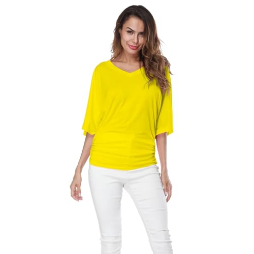 HEXHUASR T-Shirts für Damen Frauen V-Ausschnitt Kurzarm Plissee Lose T-Shirts Sommer Lady Batwing Ärmel Oversized S-5xl Tee Shirt Tops-gelb-3xl von HEXHUASR