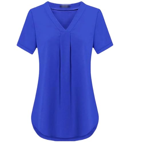 HEXHUASR T-Shirts für Damen Sommer Damenbekleidung Casua V-Ausschnitt Kurzarm Shirt Einfarbig Lose Plissee Chiffon T-Shirt S-6xl-blau 1color-3xl von HEXHUASR