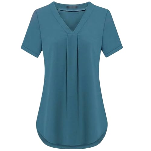 HEXHUASR T-Shirts für Damen Sommer Damenbekleidung Casua V-Ausschnitt Kurzarm Shirt Einfarbig Lose Plissee Chiffon T-Shirt S-6xl-blau 2color-6xl von HEXHUASR