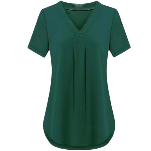HEXHUASR T-Shirts für Damen Sommer Damenbekleidung Casua V-Ausschnitt Kurzarm Shirt Einfarbig Lose Plissee Chiffon T-Shirt S-6xl-grün-5xl von HEXHUASR