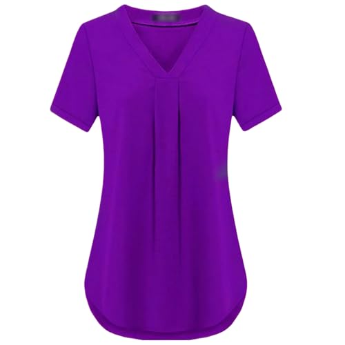 HEXHUASR T-Shirts für Damen Sommer Damenbekleidung Casua V-Ausschnitt Kurzarm Shirt Einfarbig Lose Plissee Chiffon T-Shirt S-6xl-lila-3xl von HEXHUASR