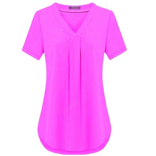 HEXHUASR T-Shirts für Damen Sommer Damenbekleidung Casua V-Ausschnitt Kurzarm Shirt Einfarbig Lose Plissee Chiffon T-Shirt S-6xl-rose-s von HEXHUASR