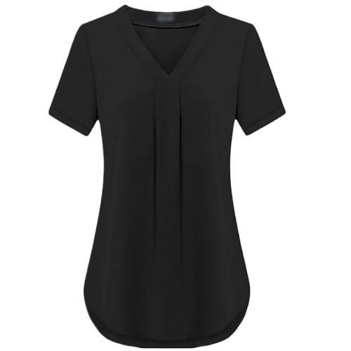 HEXHUASR T-Shirts für Damen Sommer Damenbekleidung Casua V-Ausschnitt Kurzarm Shirt Einfarbig Lose Plissee Chiffon T-Shirt S-6xl-schwarz-3xl von HEXHUASR