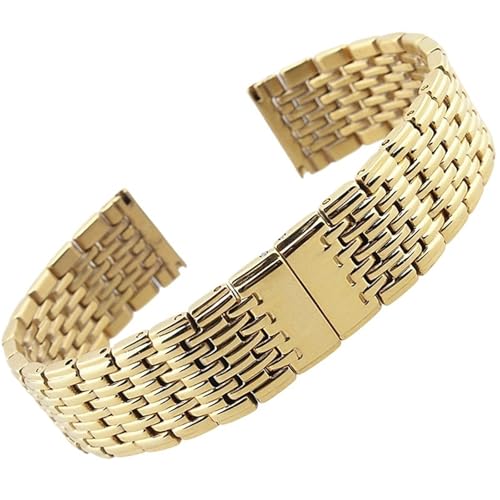 HFBZVAFC Neun Perlen Edelstahl Massives Uhrenarmband 13 18 20 22mm Herren Metall Edelstahl Uhrenarmband Damen Uhrenarmband(Gold,18mm) von HFBZVAFC