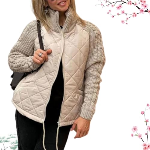 Damen-Steppjacke aus Patchwork-Strick, Steppjacken aus Patchwork für Damen 2024, bequemer Warmer Mantel für Herbst und Winter (Khaki,M) von HFDHD