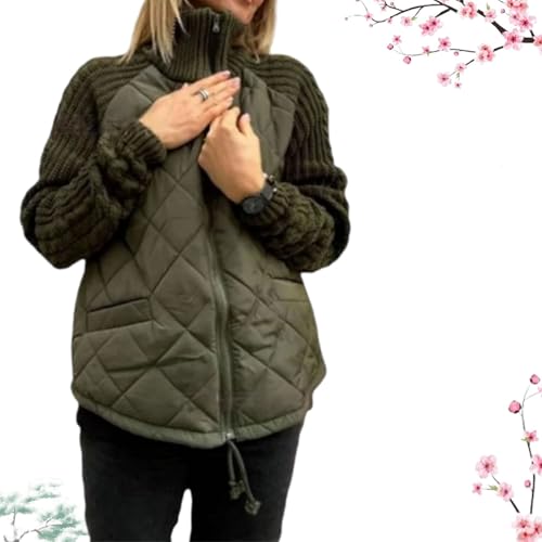 Damen-Steppjacke aus Patchwork-Strick, Steppjacken aus Patchwork für Damen 2024, bequemer Warmer Mantel für Herbst und Winter (Military Green,3XL) von HFDHD