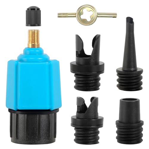 SUP-Pumpenadapter Paddleboard-Pumpenadapter Luftpumpen Konverter mit 4 Gasdüse Sup Ventil Adapter SUP Schrader Ventiladapter für Schlauchboote Stand Up Paddle Board Aufblasbarer Bett Zubehör (Blau) von HFDONGL