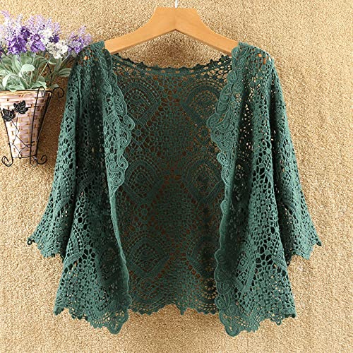 Bolero Mädchen Festlich,Damen Lace Crochet Bolero Shrugs Cropped Tops Elegante Kurzarm-Strickjacke Open Front Sheer Shrugs Tops Schulterjacke Umhang Abendgesellschaft Vertuschung Für Kleider,Grün,L von HGJH