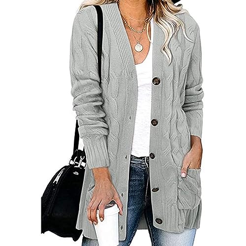 Damen Strickjacke Langarm,Damen Cardigan Mit Knopfleiste Langärmelig Aran Zopfmuster Grobe Strickjacke Mittellang Baggy Slouch Cardigan V Ausschnitt Pullover Oberteil Kurzpullover Streetwear Grau L von HGJH