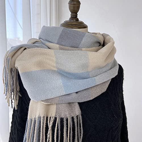 HGJH Schal Damen,Winterschals Kontrastmode Gitterquaste Weicher Warmer Schal Dicke Decke Grau Blau Der Weiche Haptik-Schal Winterschal Trendige Stola-Schals Für Frauen Mädchen von HGJH