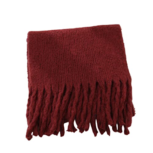 HGJH Strickschal Damen,Winterschals Quaste Dunkelrot Weicher Warmer Schal Dicke Decke Volltonfarbe Ästhetik Schal Lang Großer Winterschal Trendige Stola Schals Für Frauen Mädchen von HGJH