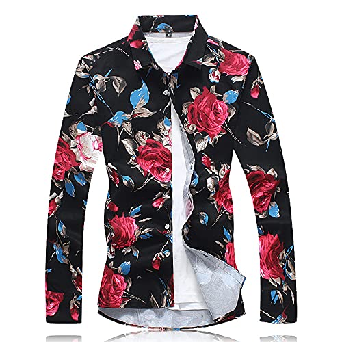 Hawaii Hemd Männer, Herrenhemd Große Größe Rote Rose Blumenblätter Aufdruck Hawaiihemd Kubaner Kragen Schwarz Langarm Button Down Weiches Strandhemd Henley-Hemd Für Männer Jungen,XL von HGJH