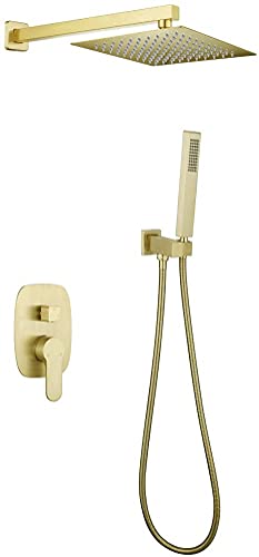 HGJHJJHK Duscharmatur-System-Set, Messing gebürstetes Gold, wandmontiertes Regenduschsystem mit 10–12 Zoll quadratischem Regenduschkopf, Badezimmer-Duscharmaturen-Set, 10 Zoll Decoration von HGJHJJHK