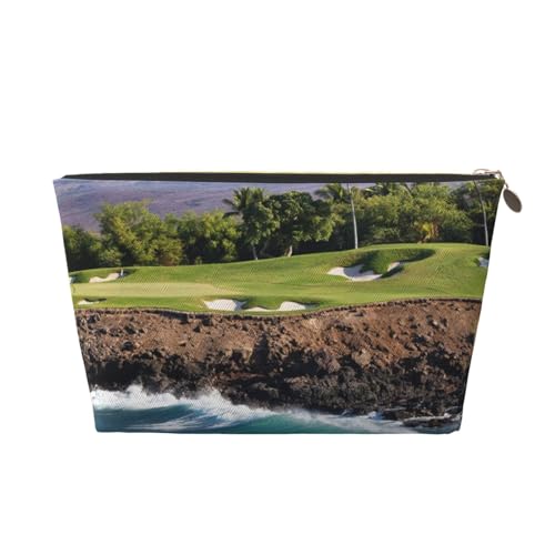 HGSLQDEE Hawaii Beach Golf Course Reise-Kulturbeutel aus bedrucktem Leder, tragbare Reise-Kosmetiktasche, Aufbewahrungstasche, gold, Einheitsgröße von HGSLQDEE