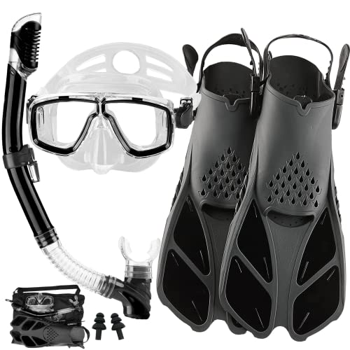 Erwachsene Maske Schnorchelflossen Set, Schnorchelausrüstung für Erwachsene mit Flossen, Schnorchelsets mit Flossen, Erwachsene Anti Leak Scuba Gear mit verstellbaren Flossen Tauchmaske Full Dry Top von HH HHAO SPORT