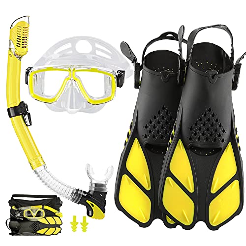 Erwachsene Maske Schnorchelflossen Set, Schnorchelausrüstung für Erwachsene mit Flossen, Schnorchelsets mit Flossen, Erwachsene Anti Leak Scuba Gear mit verstellbaren Flossen Tauchmaske Full Dry Top von HH HHAO SPORT