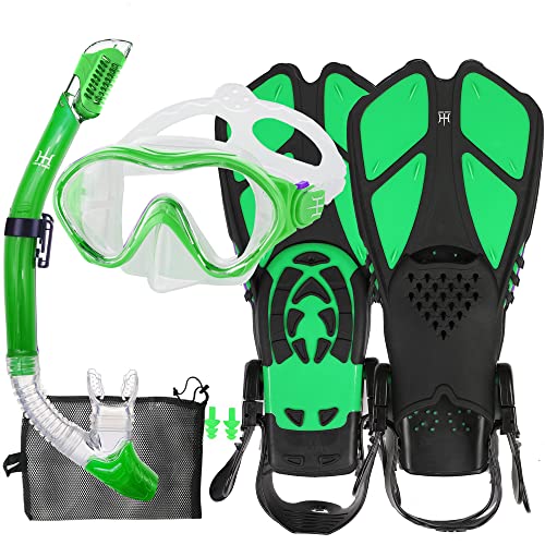 HH HHAO SPORT Schnorchelset Kinder mit Flossen, 180° Anti-Fog Panorama Weitblick Taucherbrille Kinder, Verstellbaren Schwimmflossen, Hochwertige Tauchermaske und Dry Top Schnorchel für Schwimmen von HH HHAO SPORT