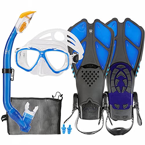 HH HHAO SPORT Schnorchelset Kinder mit Flossen, 180° Panorama Weitblick Taucherbrille Kinder, Verstellbaren Schwimmflossen, Hochwertige Tauchermaske und Dry Top Schnorchel, mit Tragetasche von HH HHAO SPORT