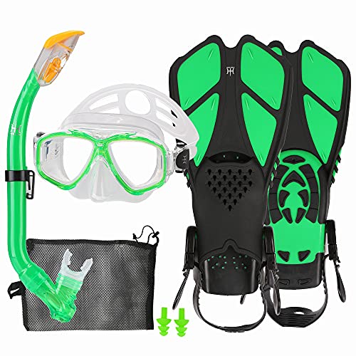 HH HHAO SPORT Schnorchelset Kinder mit Flossen, 180° Panorama Weitblick Taucherbrille Kinder, Verstellbaren Schwimmflossen, Hochwertige Tauchermaske und Dry Top Schnorchel, mit Tragetasche von HH HHAO SPORT