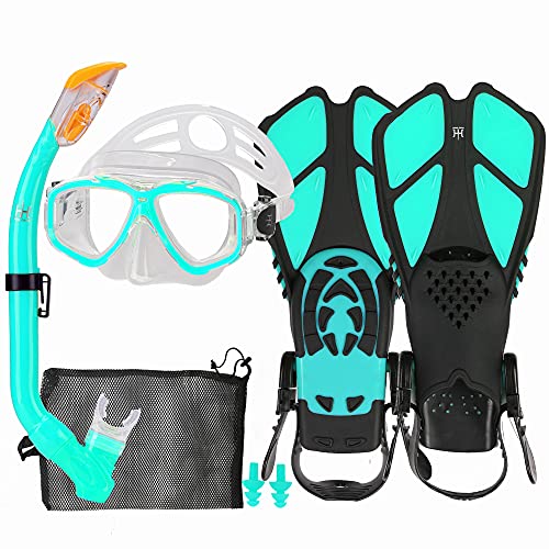 Kindermaske, Schnorchel-Set mit Flossen, Anti-Leck-Schnorchelausrüstung für Kinder mit verstellbaren Flossen, Jugend Junior Full Dry Schnorchel-Set, Scuba mit Tasche, 5–14 Jahre von HH HHAO SPORT