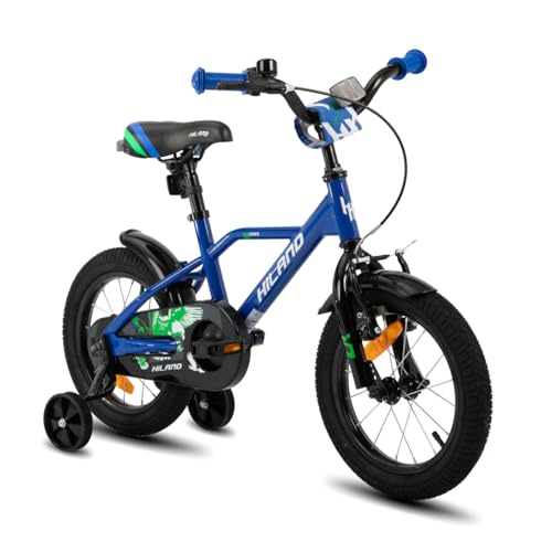 HILAND 16 Zoll Kinderfahrrad für Jungen 3 4 5 6 Jahre mit Stützrädern, Handbremse und Rücktrittbremse Blau von HH HILAND