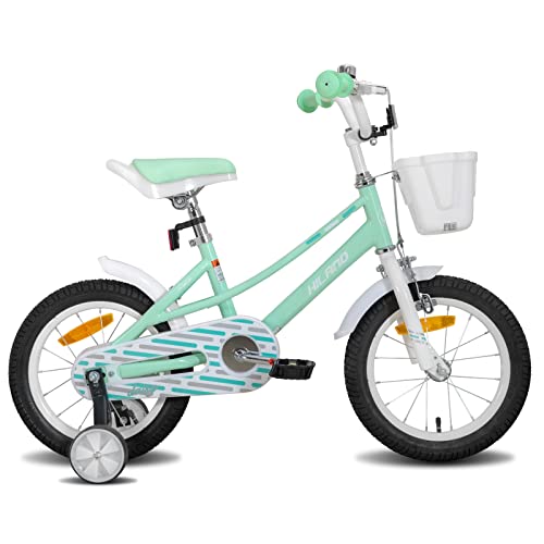 HILAND Daisy 14 Zoll Kinderfahrrad Mädchen ab 2 3 4 5 6 Jahre Laufrad mit Stützrädern Korb Handbremse Rücktrittbremse Klingel Grün von HH HILAND