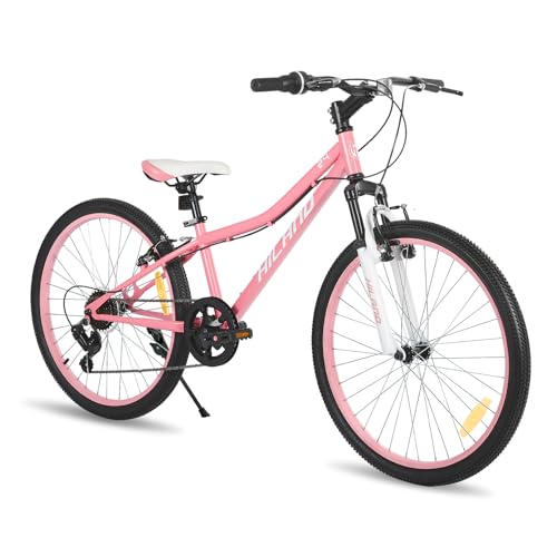 Hiland Climber 24 Zoll Kinderfahrrad Mountainbike MTB mit Federgabel 7 Gang V-Bremse Jugend Mädchen Jugendliche Fahrad rosa von HH HILAND