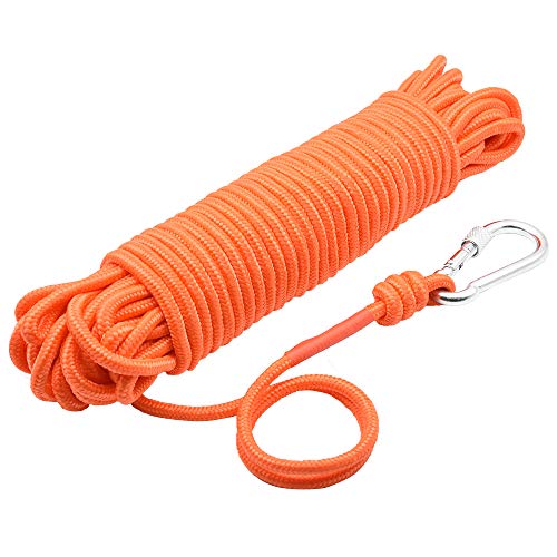 Fischen-Magnetseil mit Karabiner, 65 Fuß (20 Meter) Allzweck-Nyloncord mit Hoher Festigkeit Sicherheit und Langlebiges Seil, Schweres Seil mit Sicherheitsverriegelung, Durchmesser 6mm(0.23"), Orange von HHOOMY