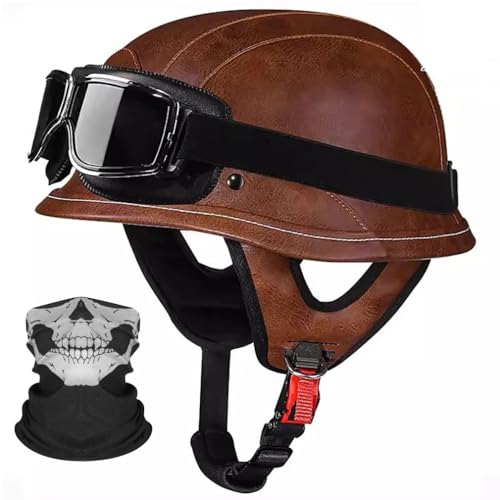 Deutsche Motorrad Halbhelme Leder Halbschalenhelm mit ECE Zertifiziert -Helm Mit Maske und Brille Herausnehmbares Innenfutter M~XL 57~62CM von HHSDB