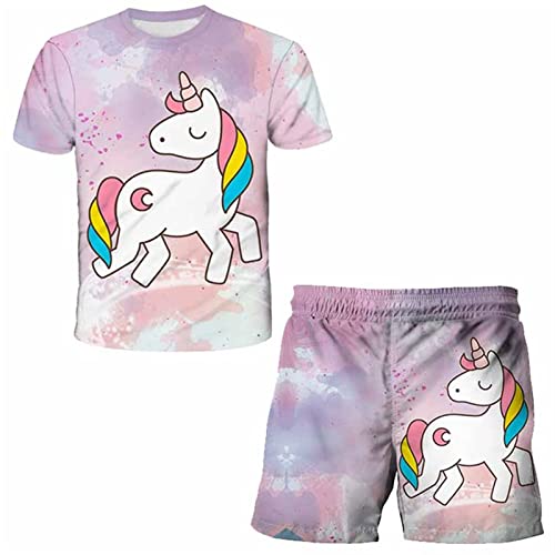 HIMKSRE 4-14T Sommer Niedliche Unisex Einhorn Sets - Kinder Mädchen Kurzarm Cartoon T-Shirts Baby Kinder Tops for Mädchen Kleidung(Blue1,160) von HIMKSRE