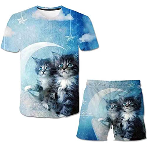 HIMKSRE Jungen Mädchen Tier Katze T-Shirts Sets Casual Kurzarm Sommer Tops + Shorts Kinder Kleidung 4-14 Jahre alt fit Kindergröße 90-160cm(Black1,130) von HIMKSRE