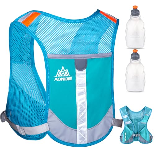 HINATAA Laufrucksack, leicht, Trinkrucksack, 5 l, 230 g, Laufen, Trinkweste für Damen und Herren, zum Radfahren, Laufen, Camping, Wandern (Blau mit 2 Wasserflaschen) von HINATAA