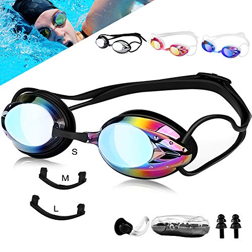 HINATAA Unisex Pro Schwimmbrille, Schwimmbrille mit 3 verstellbaren Nasensteg & 100% UV-geschützt, Anti-Beschlag-Beschichtung, verspiegelte Farblinsen, für kristallklare Sicht von HINATAA