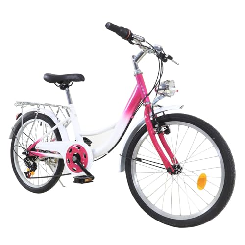 HINOPY 20 Zoll Kinderfahrrad, 6-Gang Kinder Mädchen Fahrräder Rosa Kinderrad Citybike mit Schutzblech und Lampe, Höhenverstellbar für Städte, Strände, Fahrradwege und Verschiedene Straßen von HINOPY
