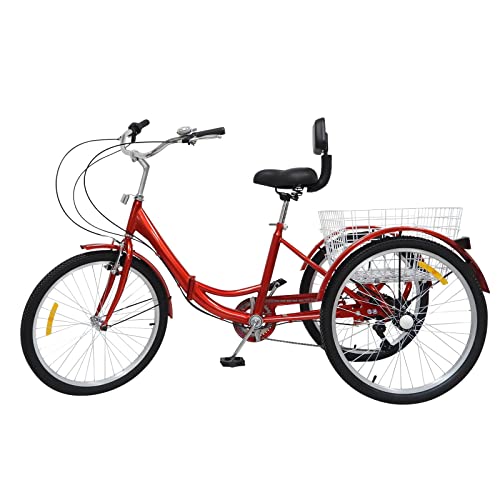 HINOPY 24 Zoll Dreirad für Erwachsene, 7-Gang Klapprad 3-Rad Fahrrad Senioren Shopping Tricycle mit Rückenlehne und Einkaufskorb für ältere Menschen Entwickelt (Rot) von HINOPY