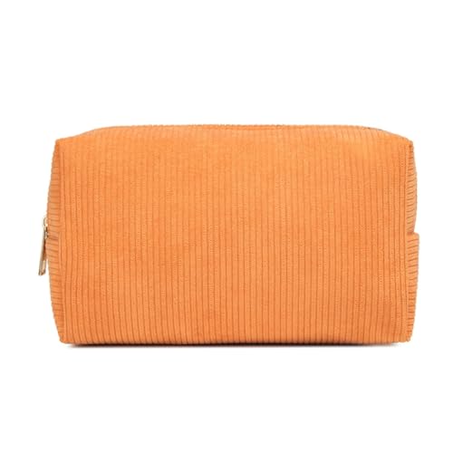 HIOPOIUYT Tragbare Make-up-Kosmetiktasche aus Cord mit großem Fassungsvermögen, einfarbig, mit Reißverschluss für Reisen, Orange von HIOPOIUYT