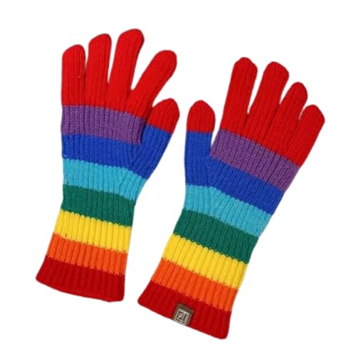 HIOPOIUYT Winter-Strickhandschuhe für Paare, Regenbogenfarben, gestreift, Vollfinger-Handschuhe, dick, Outdoor, Radfahren, Skifahren, hält warm von HIOPOIUYT