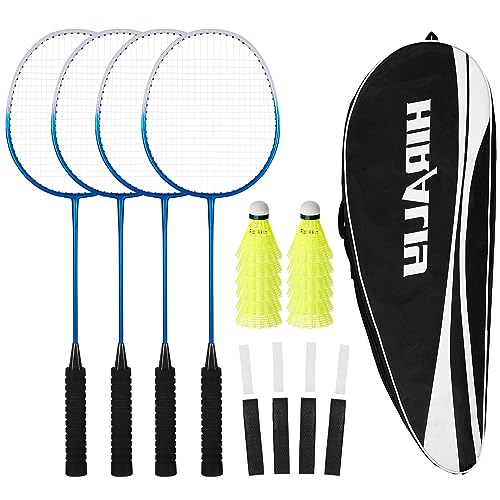 HIRALIY Badmintonschläger 4er-Set, inklusive 4, 12 Nylon-Federbälle, 4 Ersatzgriffbänder und Badmintontasche, Badmintonset für die Familie für Spiele im Freien im Garten von HIRALIY