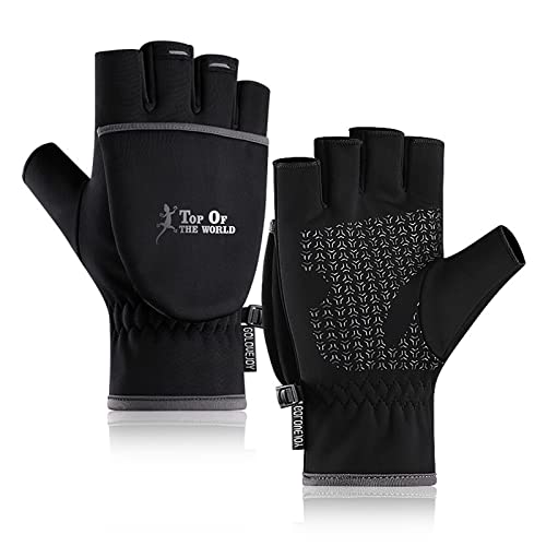 HITNEXT Fahrradhandschuhe Schwarz, Winter Cabrio-Handschuhe Motorrad Angelhandschuhe, Convertible Flip Fingerlose Handschuhe Touchscreen Radfahren Fotografie Handschuhe für Herren Damen von HITNEXT