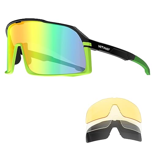 HITWAY Polarisierte Fahrradbrille mit 4 austauschbaren Gläsern, UV400-Schutz, Sportbrille für Herren und Damen, Fahrradbrille, Sport-Sonnenbrille, Radfahren, Fahren, Laufen, Baseball von HITWAY