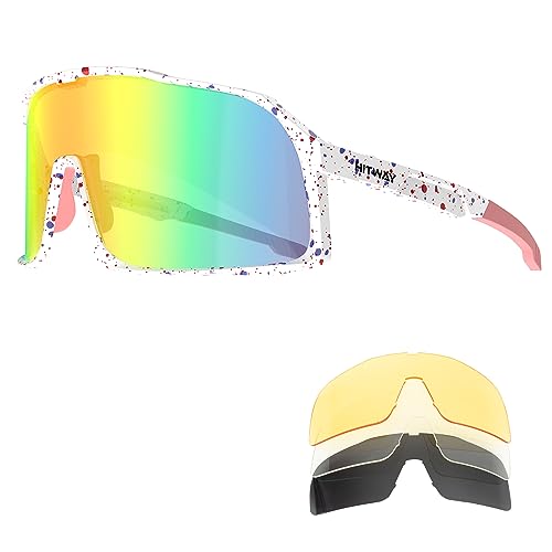 HITWAY Polarisierte Fahrradbrille mit 4 austauschbaren Gläsern, UV400-Schutz, Sportbrille für Herren und Damen, Fahrradbrille, Sport-Sonnenbrille, Radfahren, Fahren, Laufen, Baseball von HITWAY