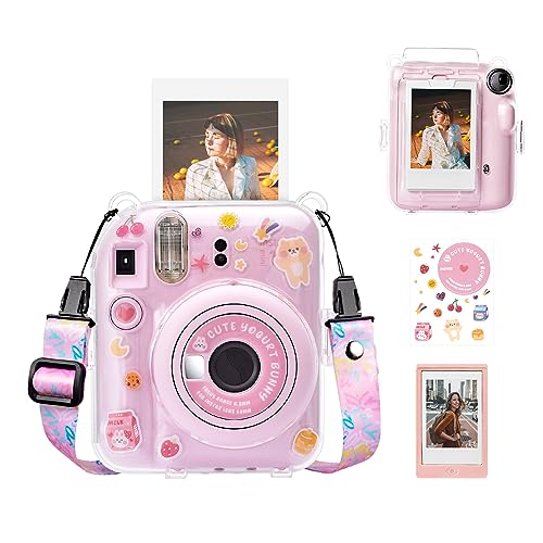 HIYQIN Transparente Kameratasche mit Fotofach und Magnetrahmen für Fujifilm Instax Mini 12 Sofortbildkamera, Polaroid Kamera Mini 12 Tasche - Transparente, Rosa von HIYQIN