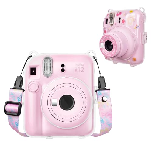 HIYQIN Transparente Tasche mit Fotofach und DIY-Aufkleber für Fujifilm Instax Mini 12 Sofortbildkamera, Instax Mini 12 Polaroid Kamera Harte Tasche - Rosa Aufkleber von HIYQIN