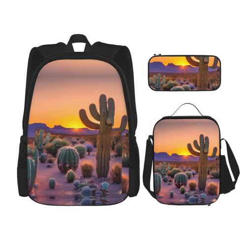 HJLUUFT 3-teiliges Rucksack-Set mit Kaktus-Wüsten-Motiv, geräumige Schultasche mit Lunchtasche und Federmäppchen, stilvoll und praktisch von HJLUUFT