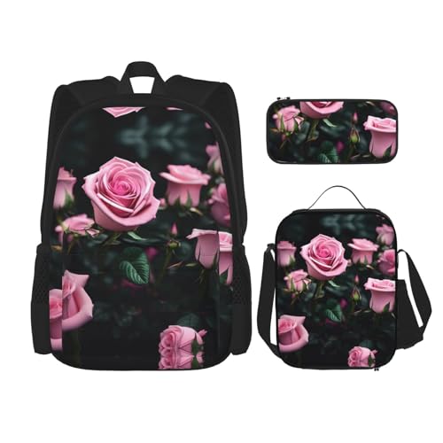 HJLUUFT 3-teiliges Rucksack-Set mit rosa Rosen-Aufdruck, geräumige Schultasche mit Lunchtasche und Federmäppchen, stilvoll und praktisch von HJLUUFT