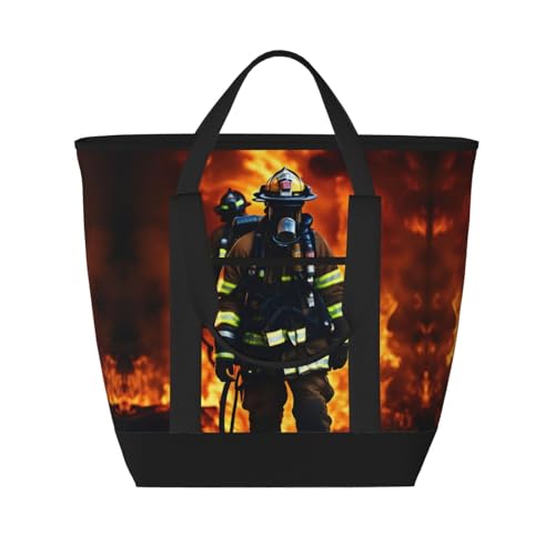 HJLUUFT Feuerwehrmann Flametote Tasche mit Reißverschluss, isolierte Kühltasche, wiederverwendbare Einkaufstasche, geeignet für Erwachsene zum Arbeiten im Freien, Schwarz, Einheitsgröße von HJLUUFT