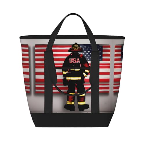 HJLUUFT Feuerwehrmann USA-Flagge-Tragetasche mit Reißverschluss, isolierte Kühltasche, wiederverwendbare Einkaufstasche, geeignet für Erwachsene zum Arbeiten im Freien, Schwarz, Einheitsgröße von HJLUUFT