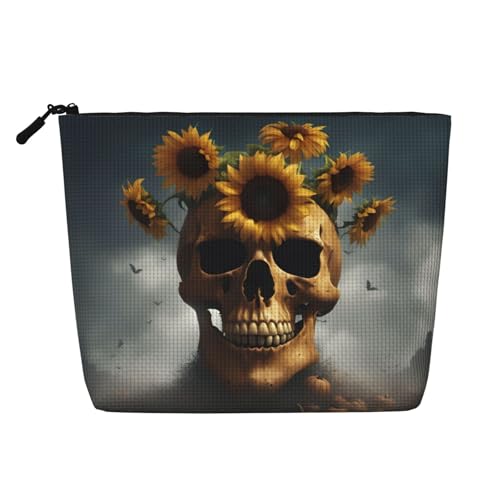 HJLUUFT Kosmetiktasche mit Sonnenblumen-Motiv, Halloween-Totenkopf-Druck, große Kapazität, Make-up-Tasche, Kulturbeutel für Damen, Schwarz, Einheitsgröße von HJLUUFT