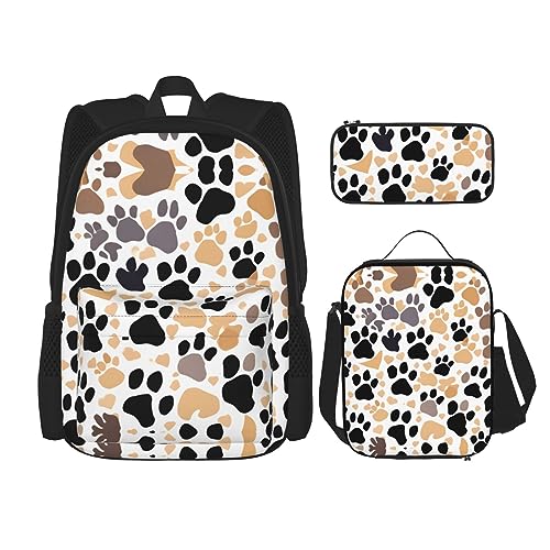 HJLUUFT Niedliches 3-teiliges Schultaschen-Set mit Hundepfotenabdrücken – großer Rucksack mit Lunchtasche und Federmäppchen, Rucksack-Set von HJLUUFT